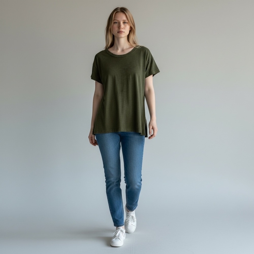 PILCRO Olive Green Cotton Crew Neck Tunic Tee T-Shirt Top Womens XS - Picture 1 of 7